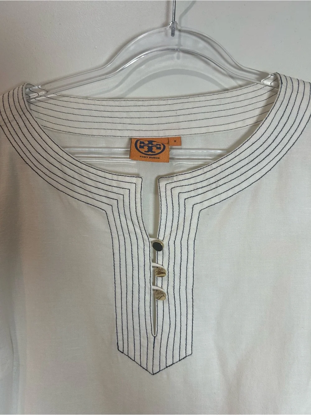 Tory Burch Tunic Top Embroidered Ivory Linen Blend Women 8 Coastal Beach Resort